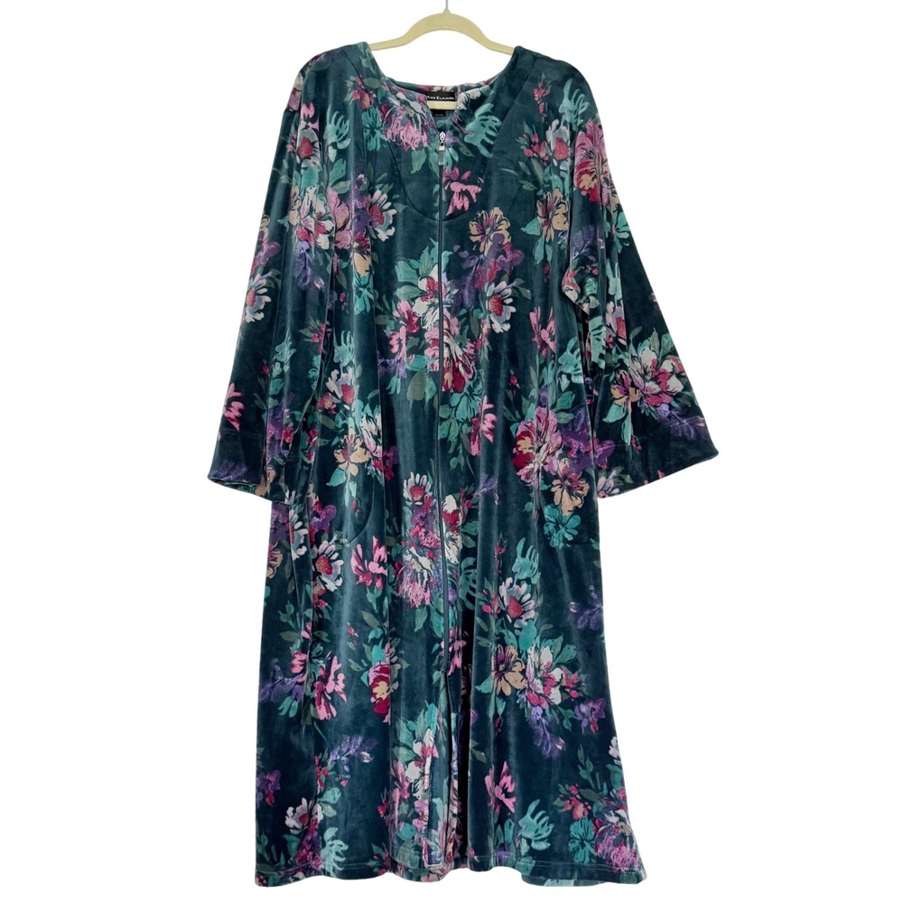 Miss Elaine Zip Front Robe Womens 3X Teal Floral Velvet Long Sleeve Housecoat